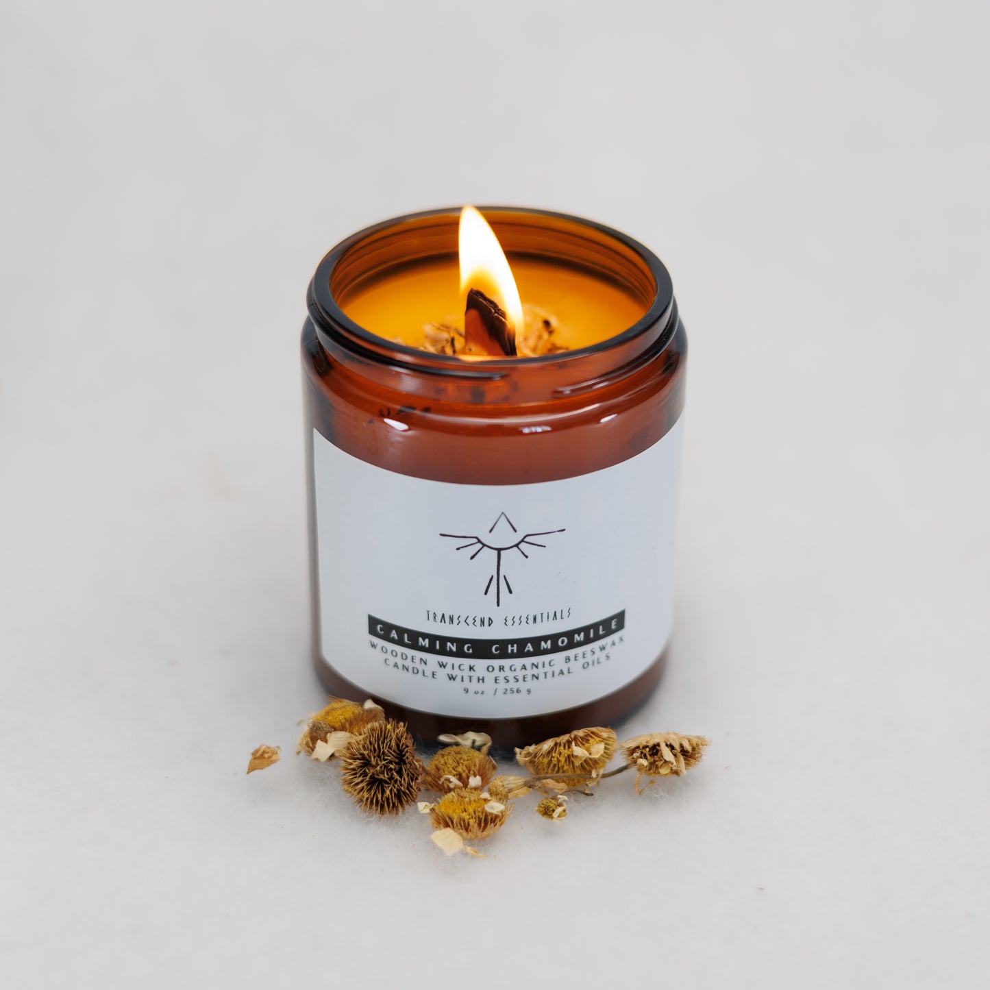 Calming Chamomile organic beeswax candle by Transcend Essentials in amber glass jar with wooden wick, surrounded by dried chamomile flowers.