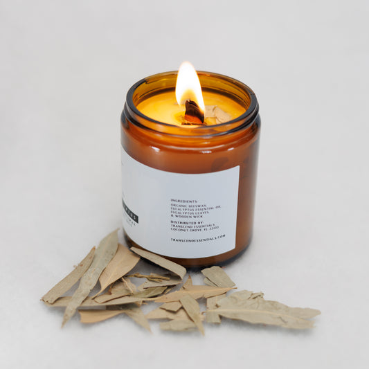 A lit amber glass candle sits on a light surface with a small pile of dried eucalyptus leaves in front of it. The label lists ingredients including organic beeswax, eucalyptus essential oil, eucalyptus leaves, and a wooden wick, along with distributor details for Transcend Essentials.